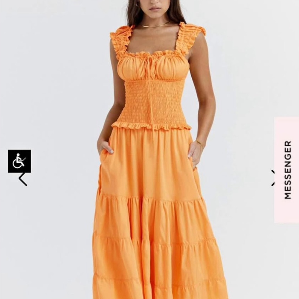 House of CB Tangerine Phedra Drop Waist Shirred Sundress